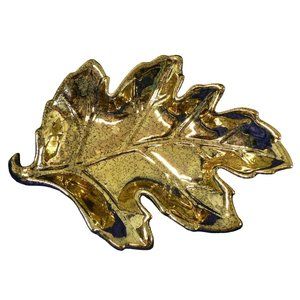 Dish Leaf Shaped Candy Vanity Trinket Pin Soap Bright Gold Tone Crackle Finish